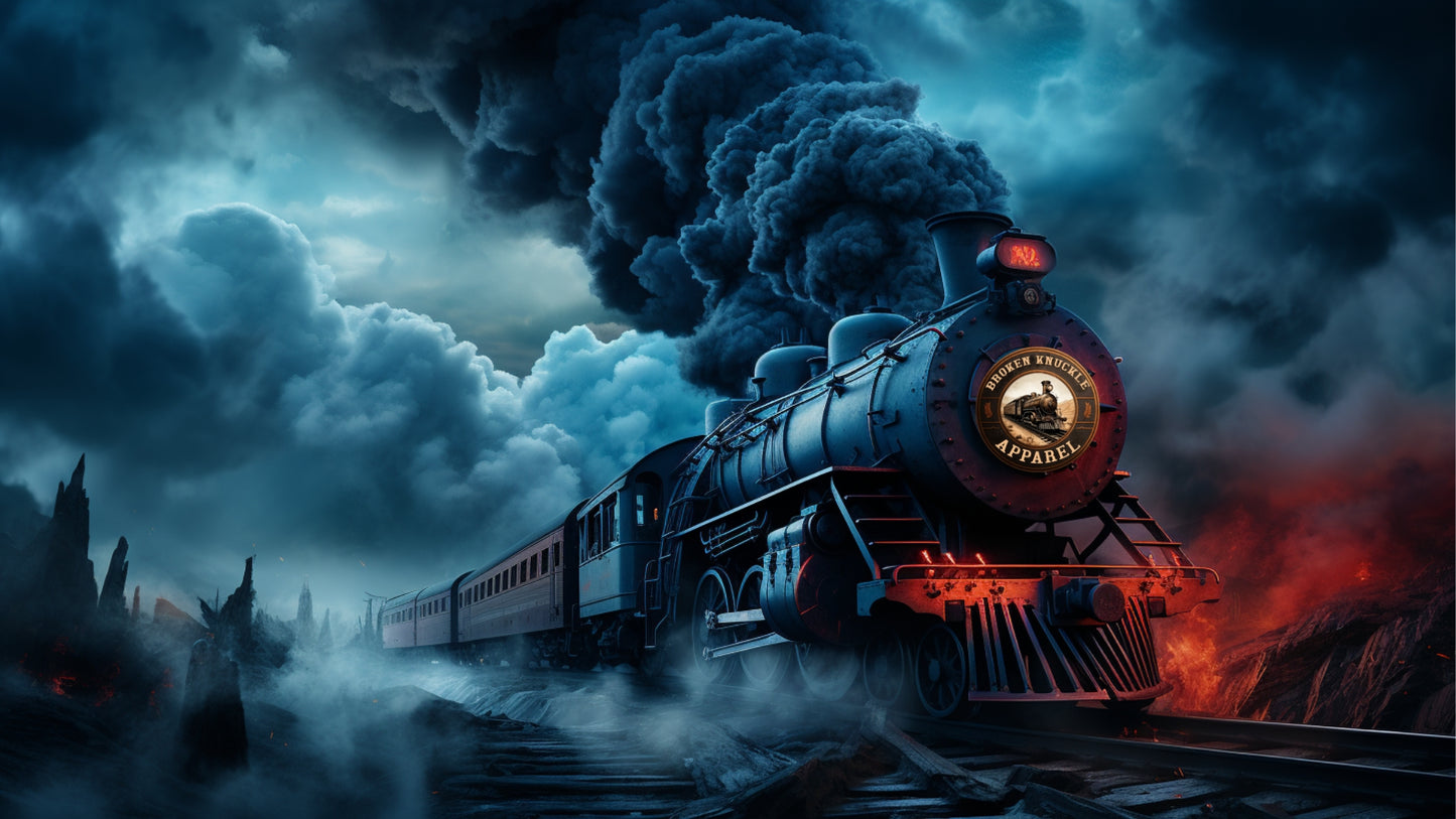 A digital wallpaper featuring a vintage steam train with a dramatic, stormy background and a fiery explosion.