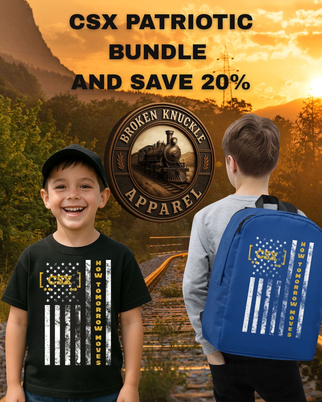 Two children wearing 'CSX' themed clothing with a scenic background and 'Broken Knuckle Apparel' logo.