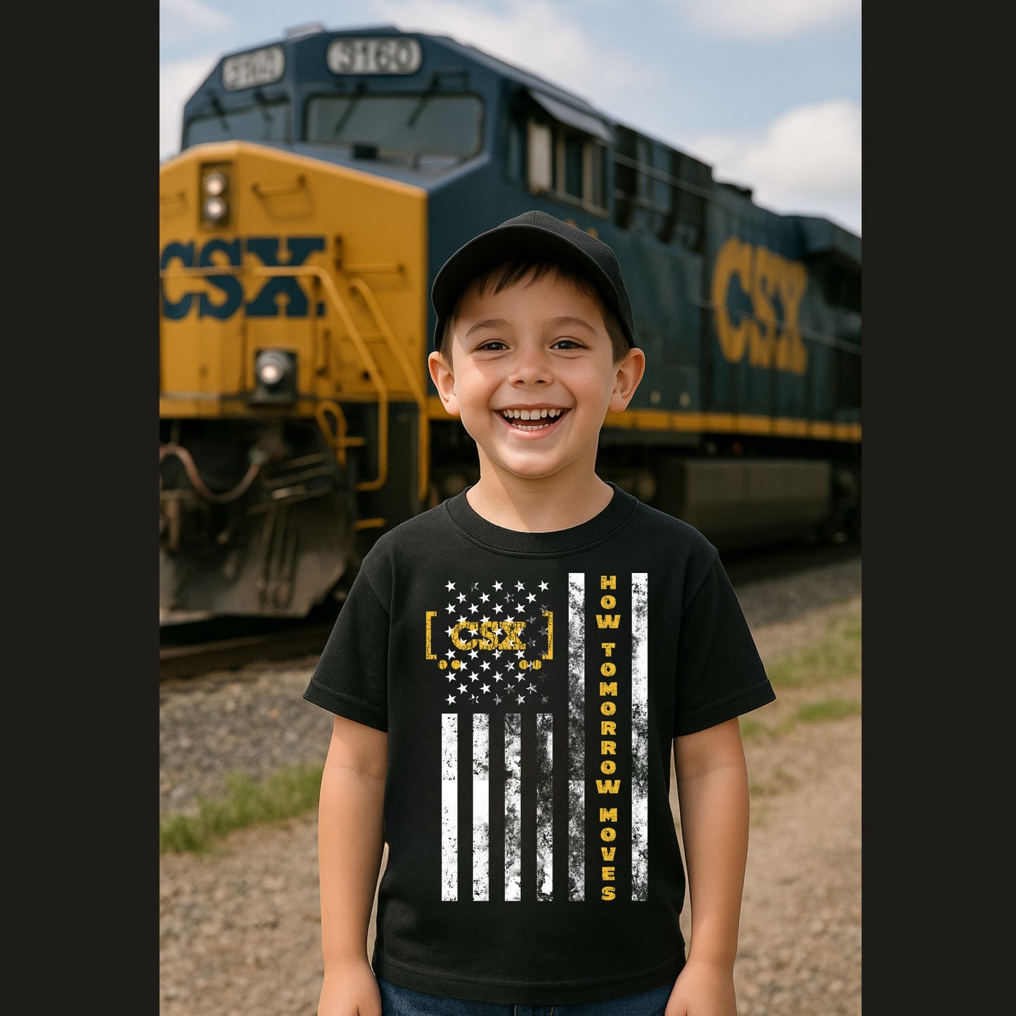 Child wearing a black CSX t-shirt with a train in the background