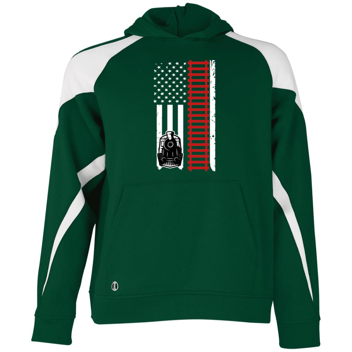 Patriotic Locomotive & Tracks Youth Athletic Colorblock Fleece Hoodie