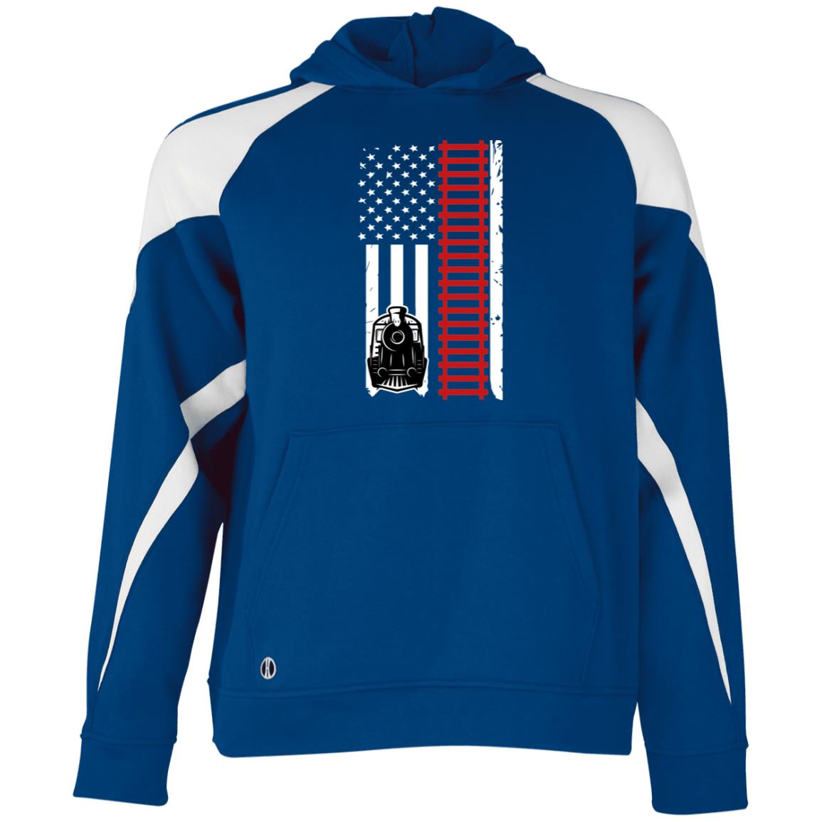 Patriotic Locomotive & Tracks Youth Athletic Colorblock Fleece Hoodie