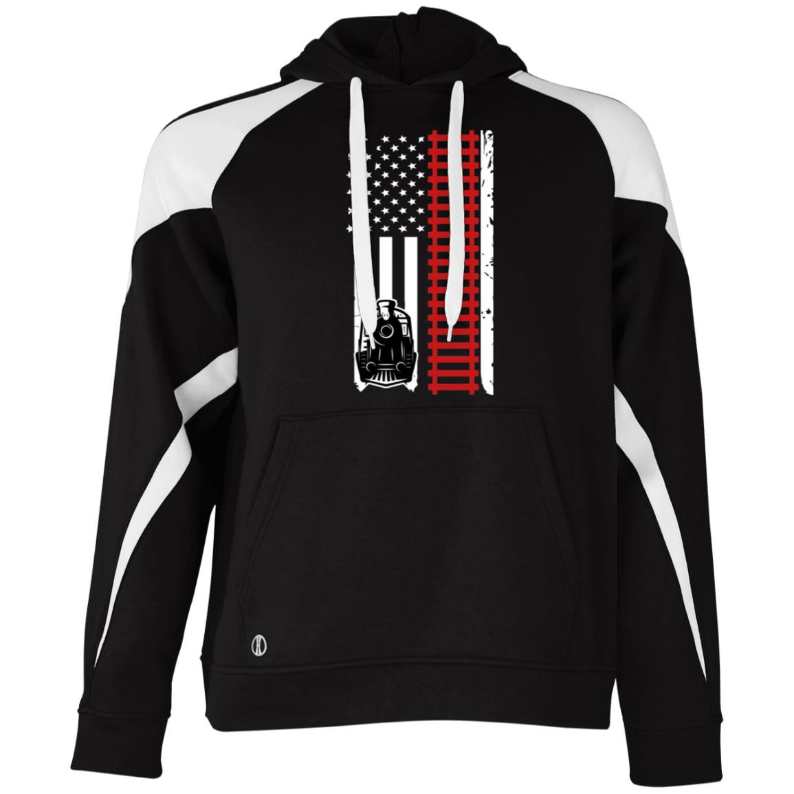 Patriotic Locomotive & Tracks Athletic Colorblock Fleece Hoodie