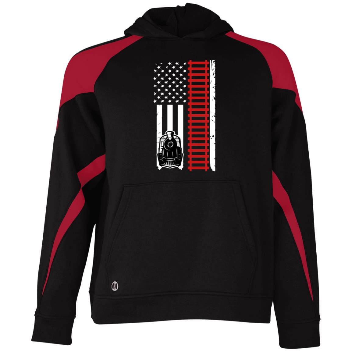 Patriotic Locomotive & Tracks Youth Athletic Colorblock Fleece Hoodie