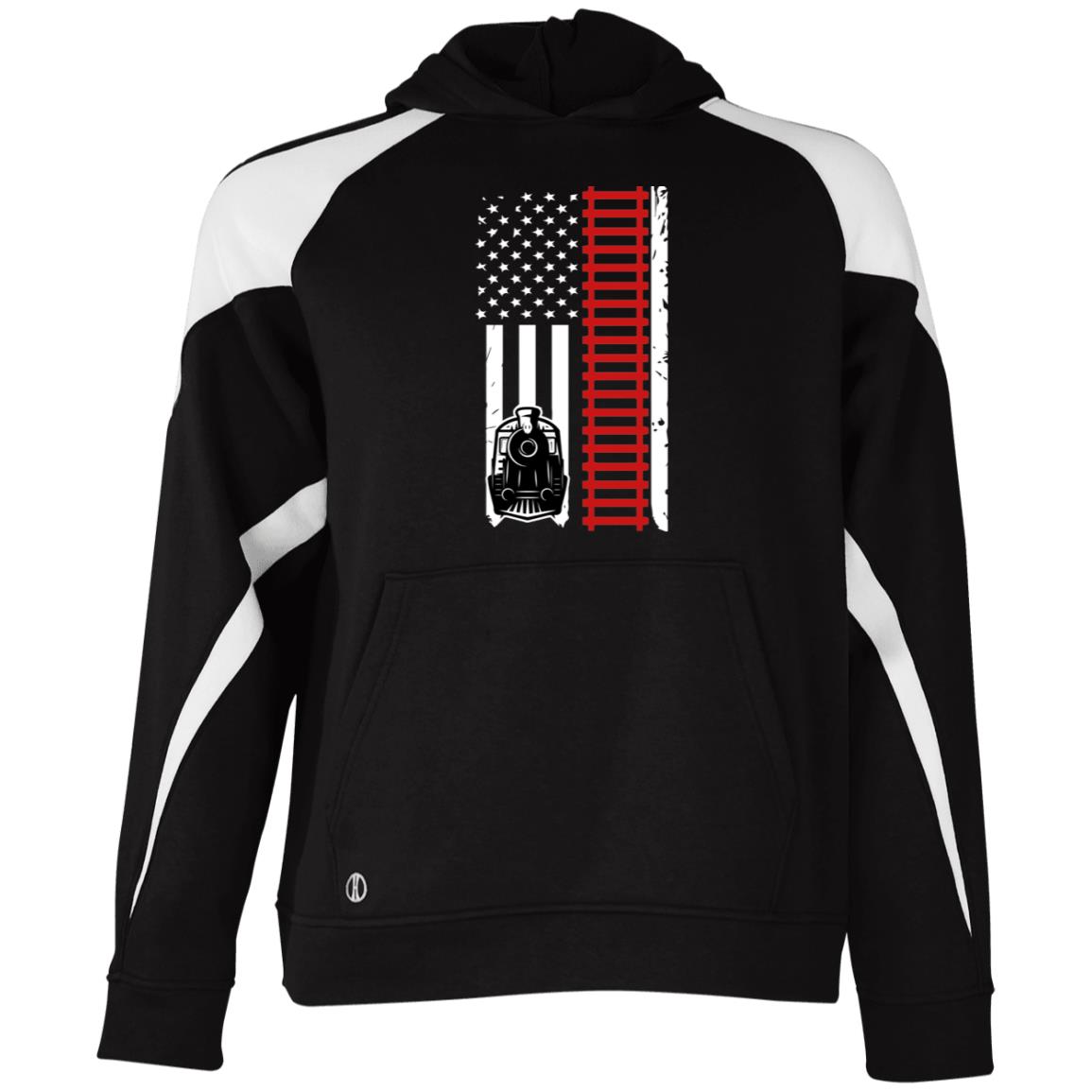 Patriotic Locomotive & Tracks Youth Athletic Colorblock Fleece Hoodie