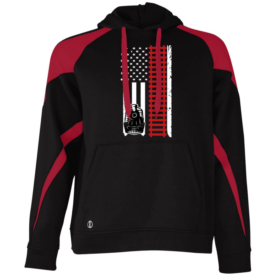 Patriotic Locomotive & Tracks Athletic Colorblock Fleece Hoodie