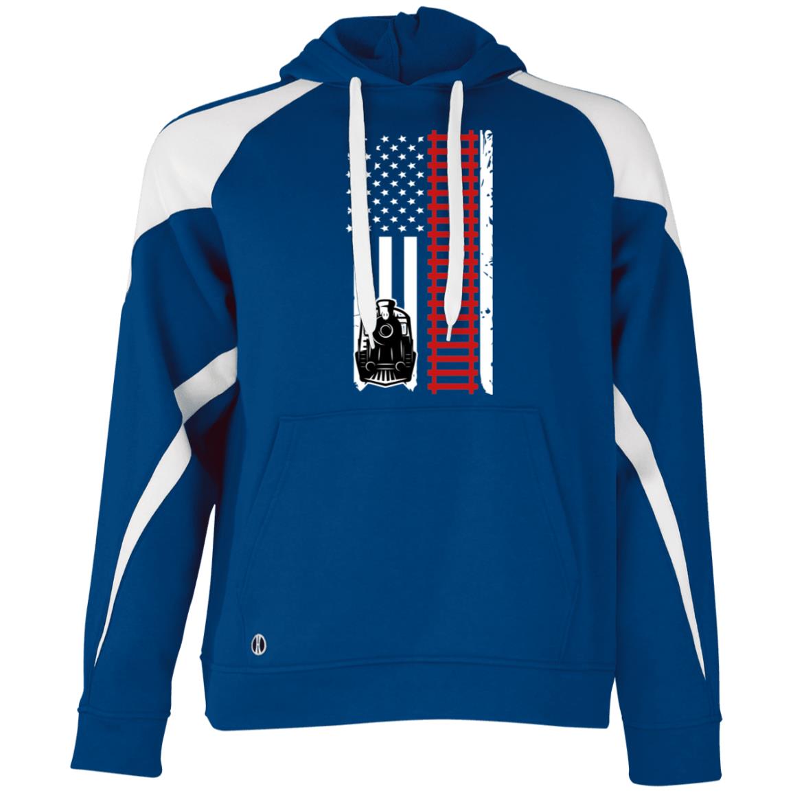 Patriotic Locomotive & Tracks Athletic Colorblock Fleece Hoodie