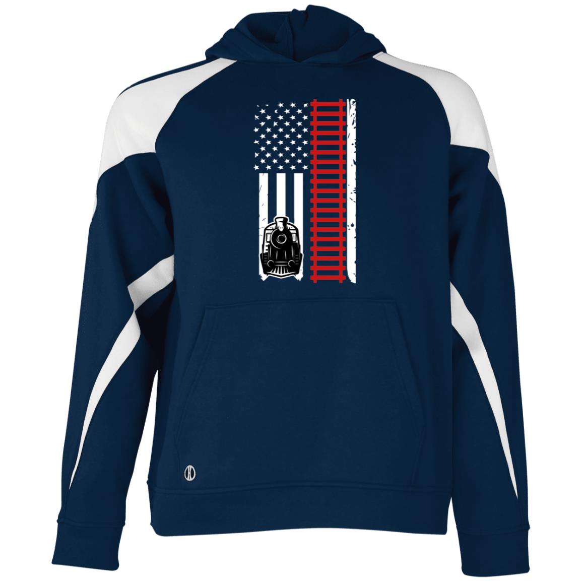 Patriotic Locomotive & Tracks Youth Athletic Colorblock Fleece Hoodie