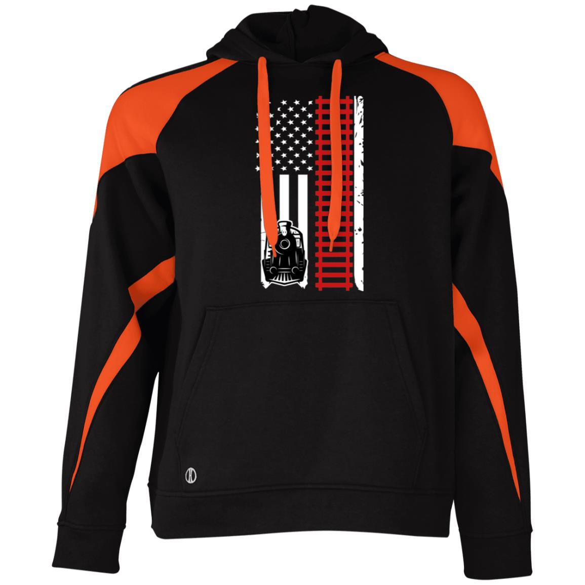 Patriotic Locomotive & Tracks Athletic Colorblock Fleece Hoodie