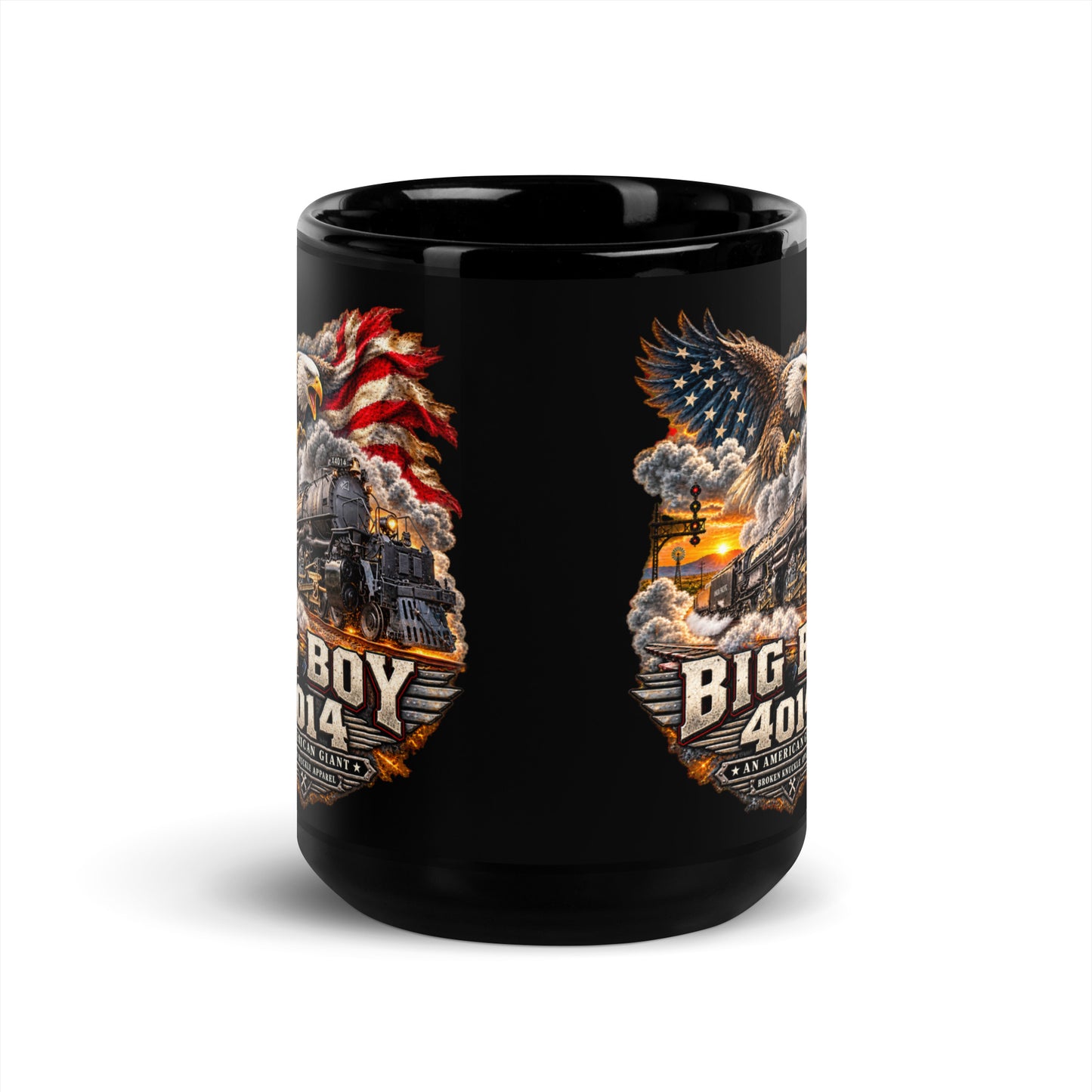 Black glossy 15 oz ceramic mug featuring a highly detailed patriotic graphic. A bald eagle and American flag soar above the Big Boy 4014 steam locomotive charging down the tracks at sunset. Bold metallic-style text reads "BIG BOY 4014" above a banner reading "AN AMERICAN GIANT" and the Broken Knuckle Apparel logo.