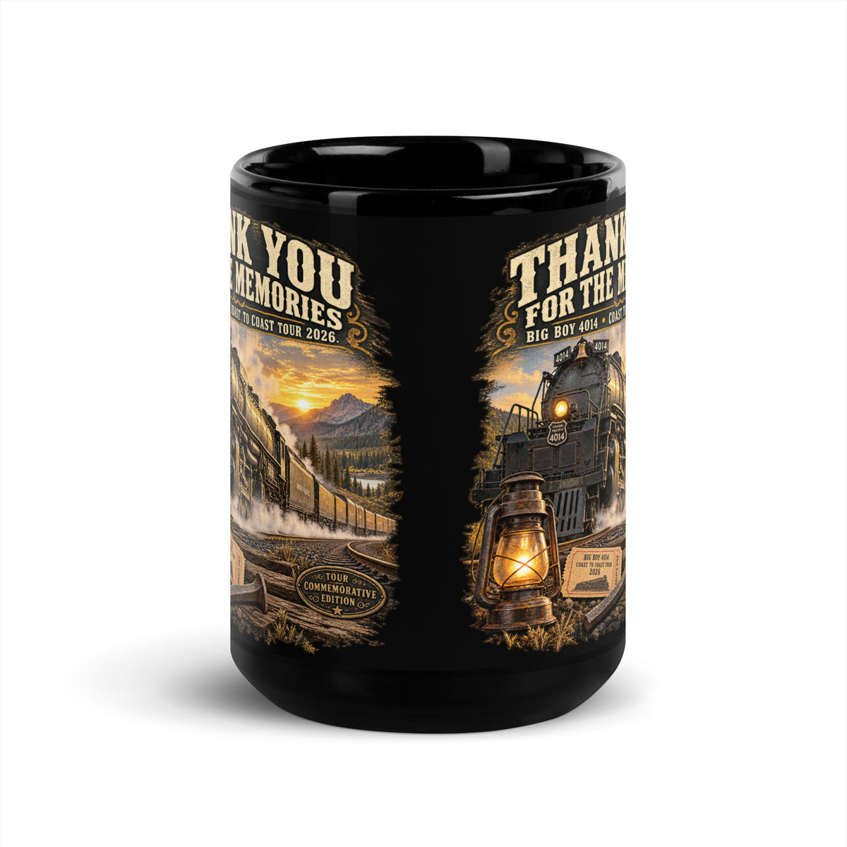 Black glossy 15 oz ceramic mug featuring a detailed vintage graphic of the Big Boy 4014 steam locomotive traveling through a mountain landscape at sunset. Bold, vintage-style text reads "THANK YOU FOR THE MEMORIES" and "BIG BOY 4014 - COAST TO COAST TOUR 2026". The bottom of the design features a glowing lantern, a commemorative ticket, a railroad spike, and a "TOUR COMMEMORATIVE EDITION" badge.