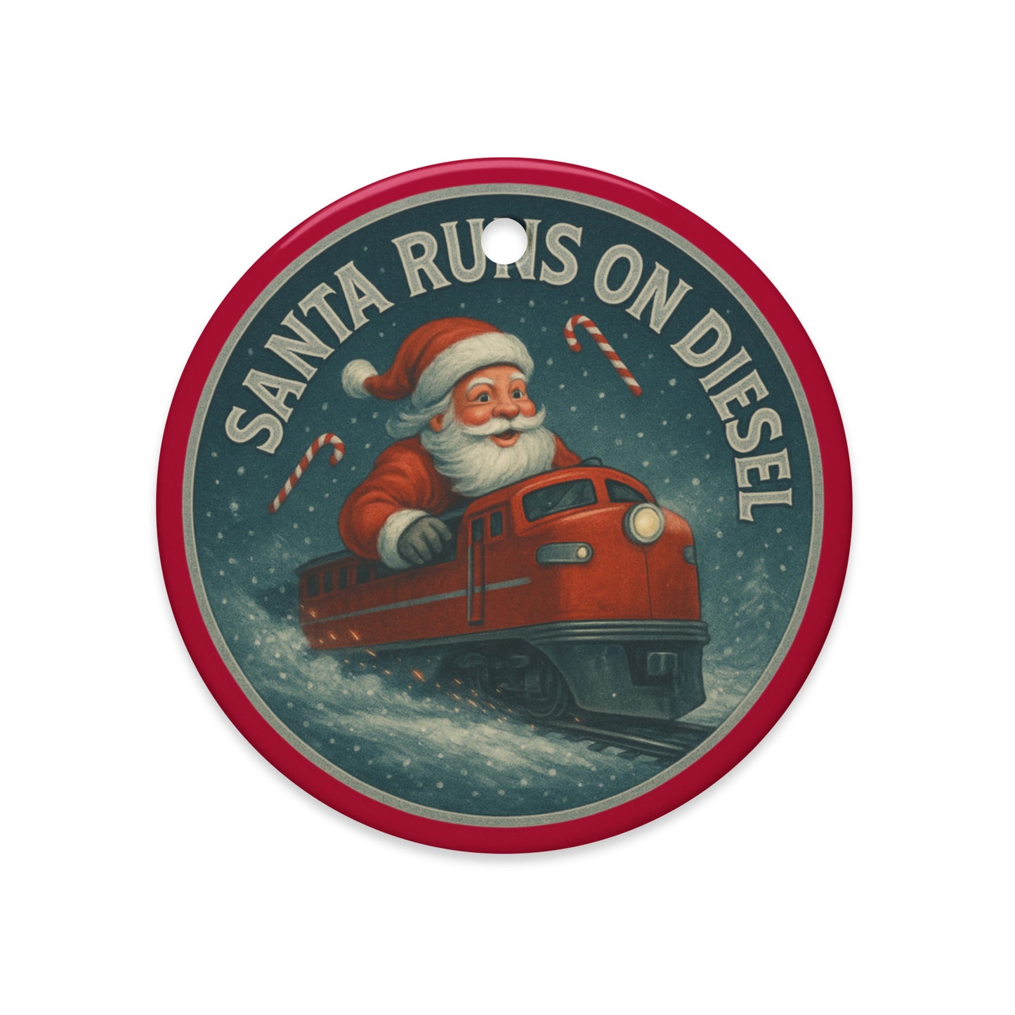 Ceramic Ornament with Santa Claus driving a train and 'Santa Runs on Diesel' text.