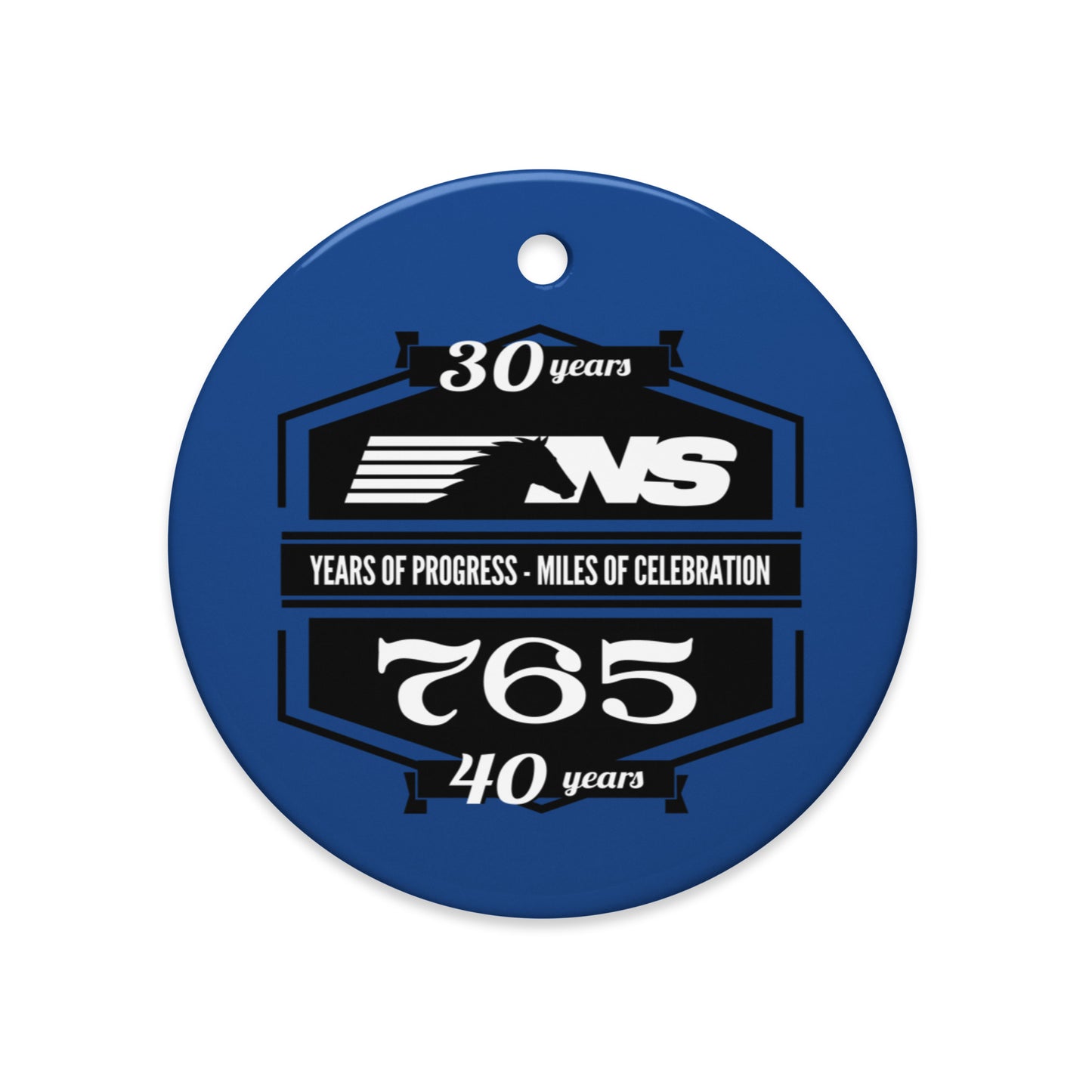 Ceramic Ornament with white text and logo on a white background