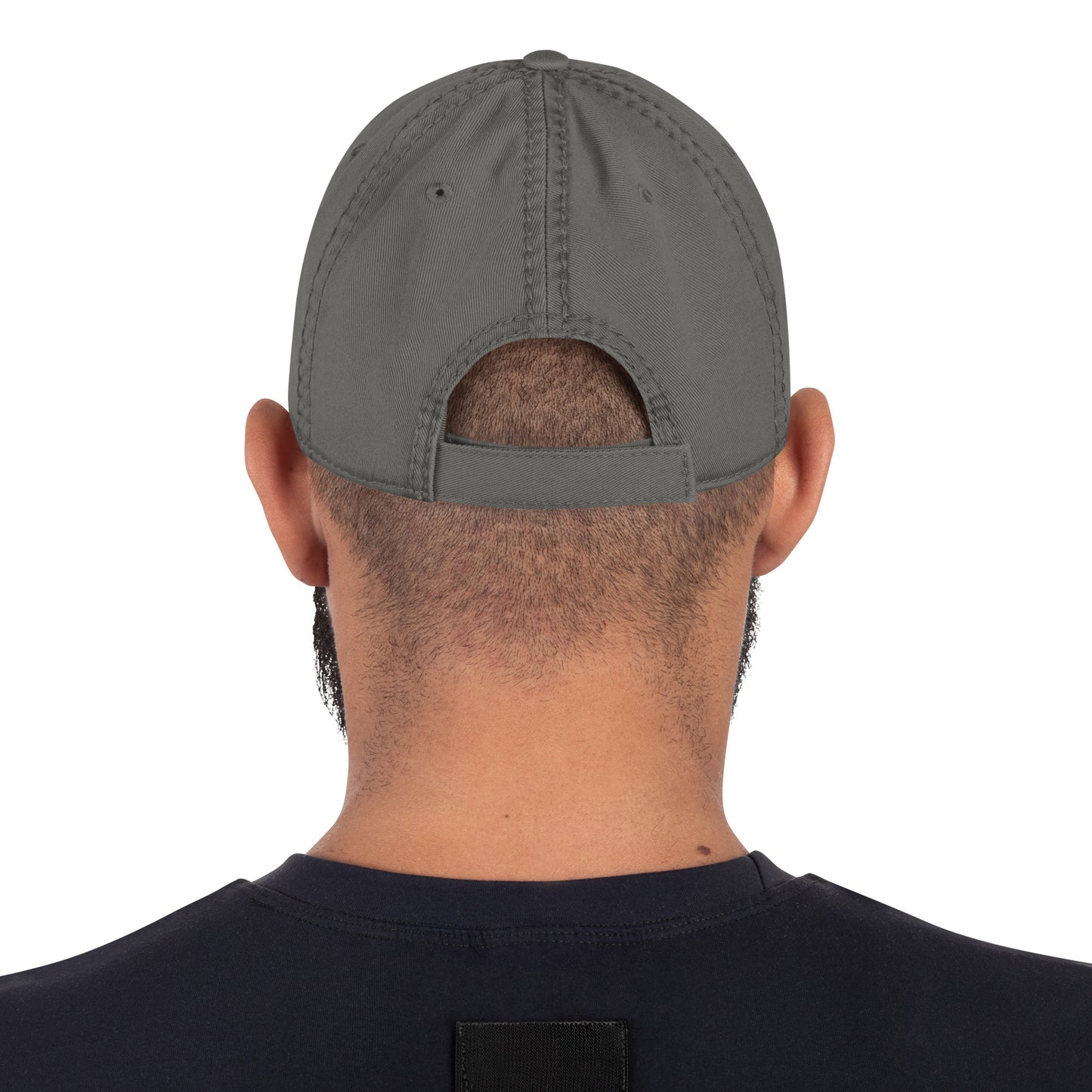 Person wearing a gray cap from behind on a white background