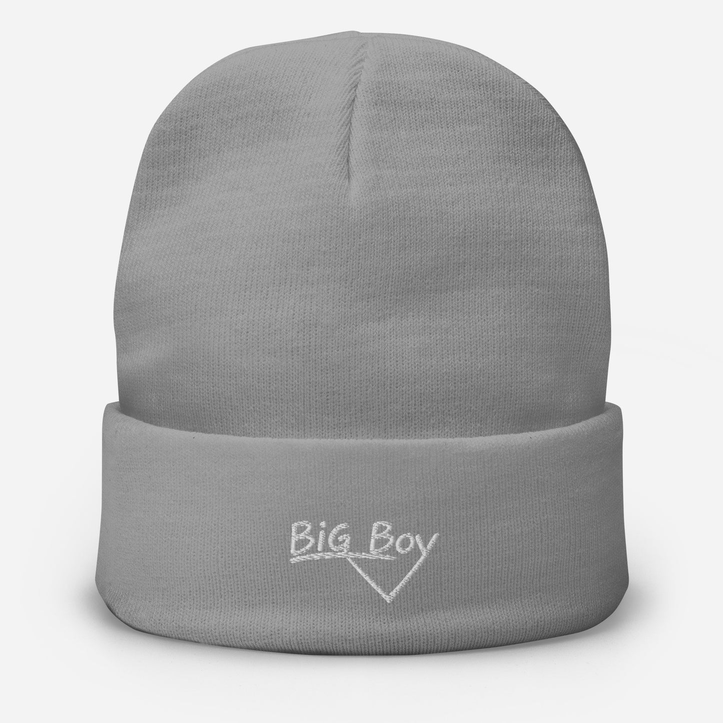 Gray knit cuffed beanie featuring the classic white chalk-style "Big Boy" script logo cleanly embroidered on the center of the front fold.