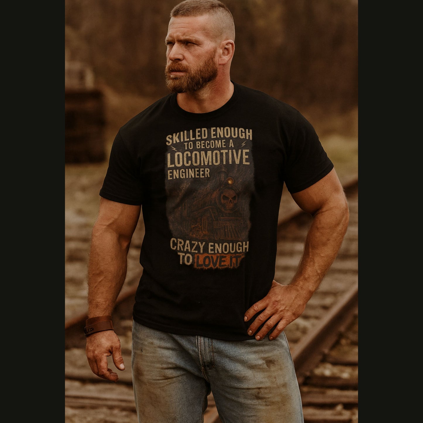 Man wearing a black t-shirt with text standing on train tracks.