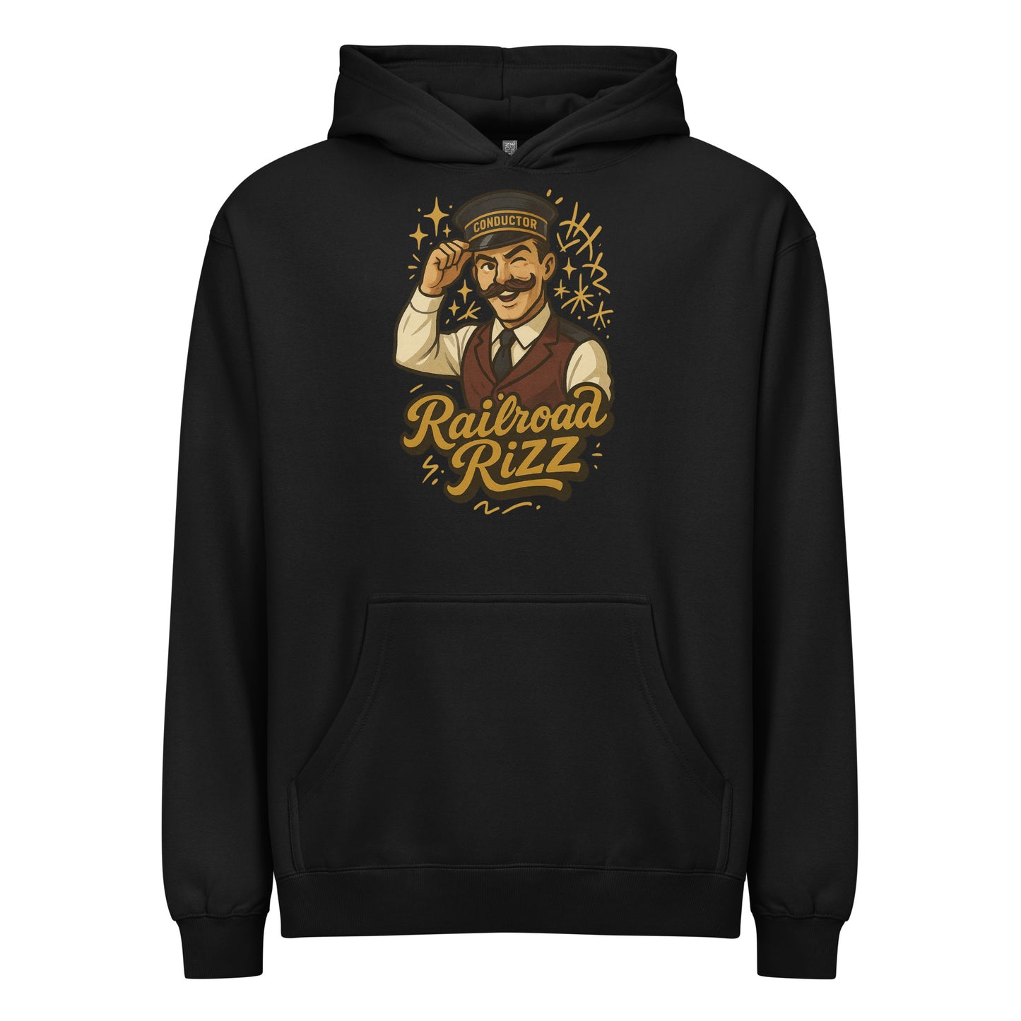 Black hoodie with a graphic of a man saluting and the text 'Railroad Rizz' on a white background