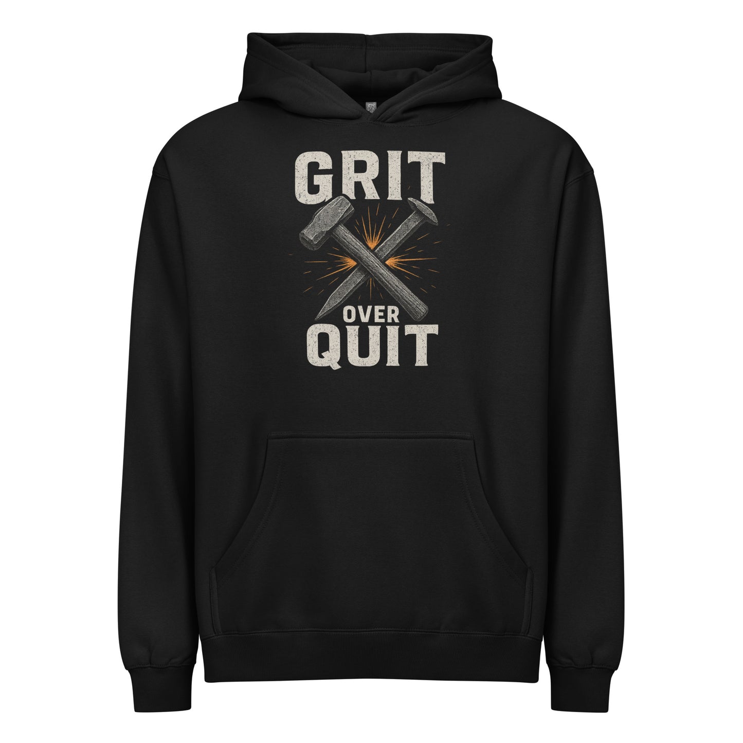 Black hoodie with 'GRIT OVER QUIT' text and graphic on a white background