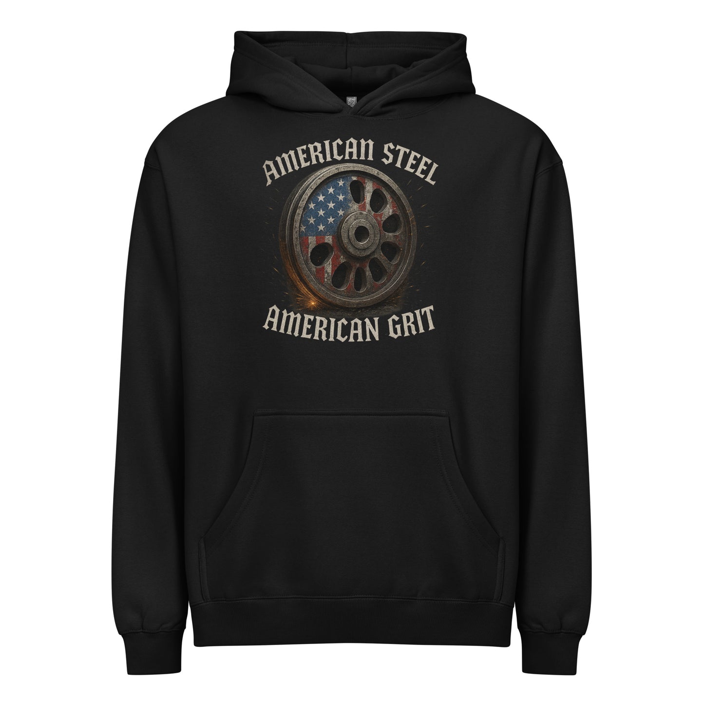 Black hoodie with 'American Steel American Grit' graphic on a white background