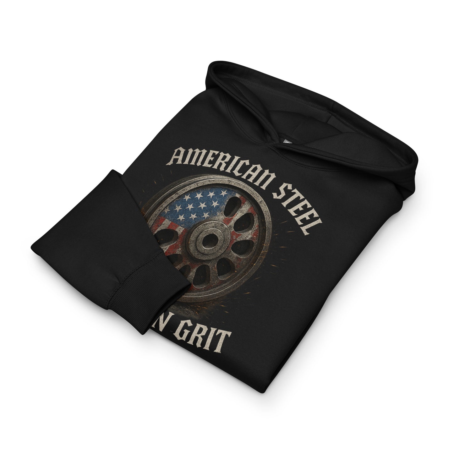 Black hoodie with 'American Steel' and 'Iron Grit' text and wheel graphic on a white background