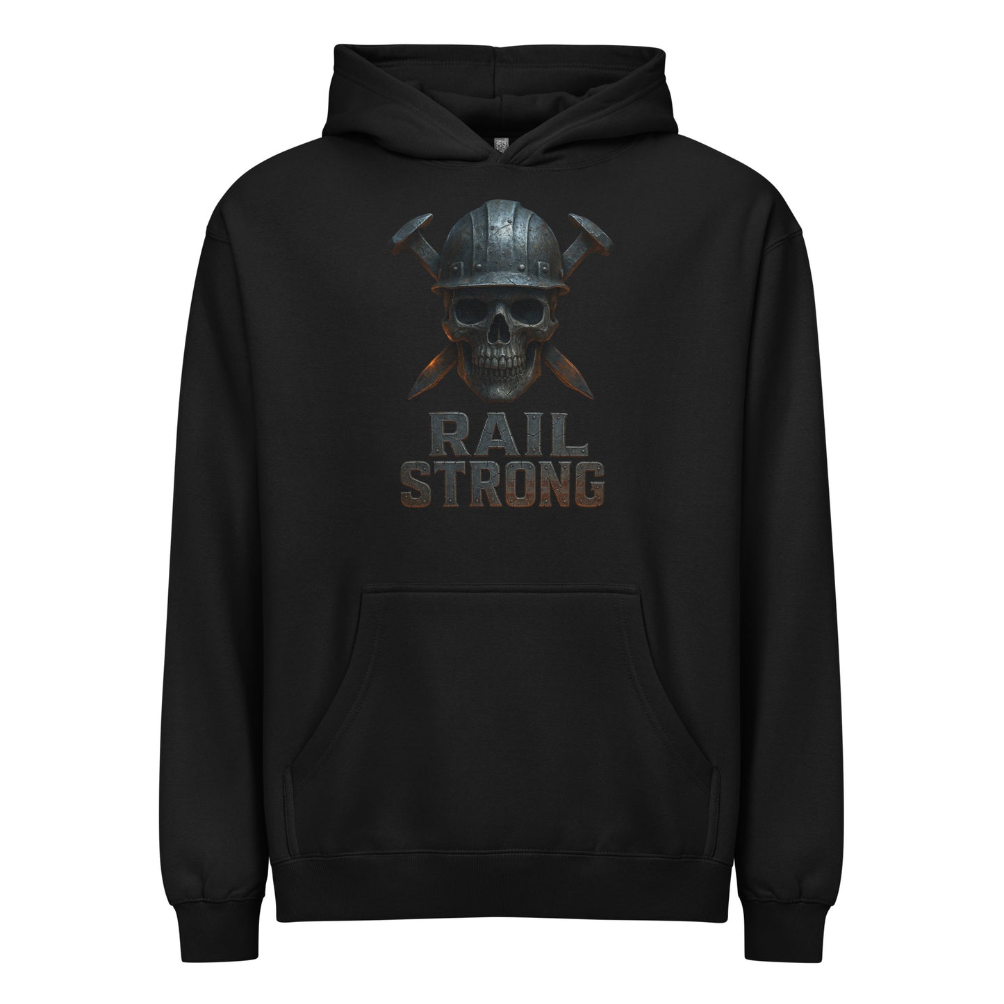 Black hoodie with skull and helmet graphic and 'Rail Strong' text on a white background