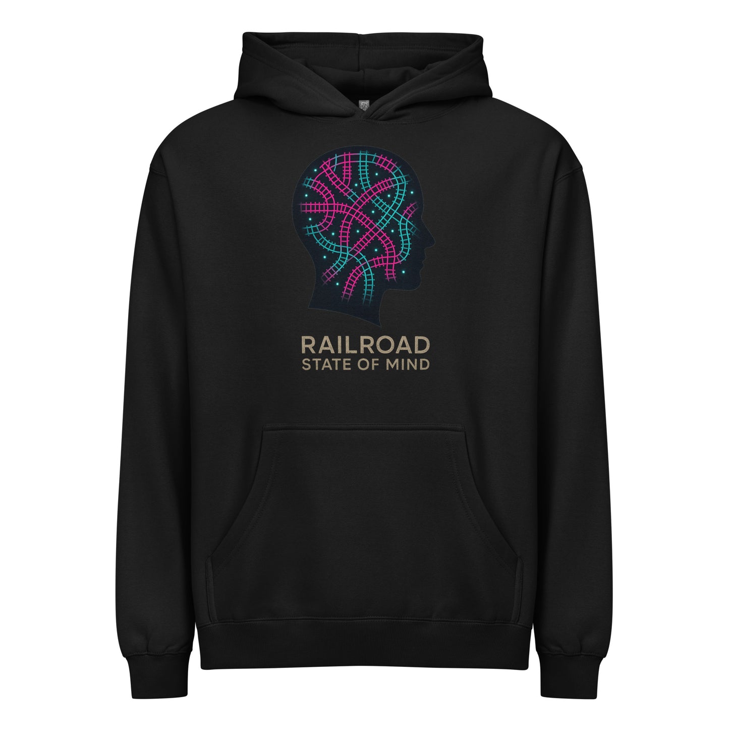 Black hoodie with colorful graphic and 'Railroad State of Mind' text on a white background