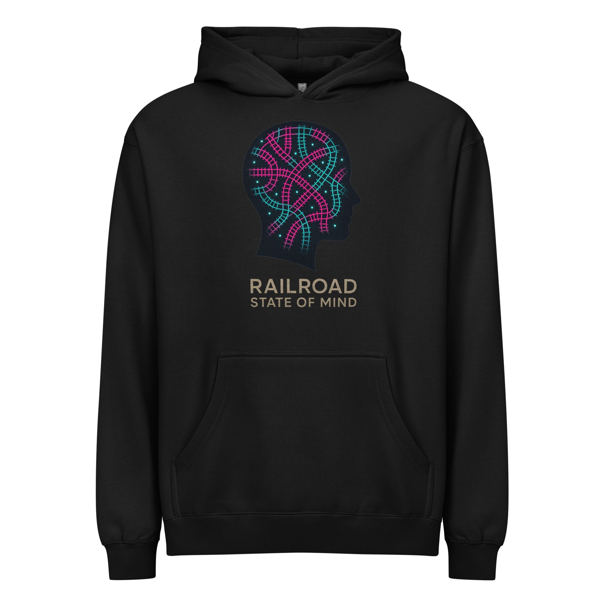 Black hoodie with colorful graphic and 'Railroad State of Mind' text on a white background