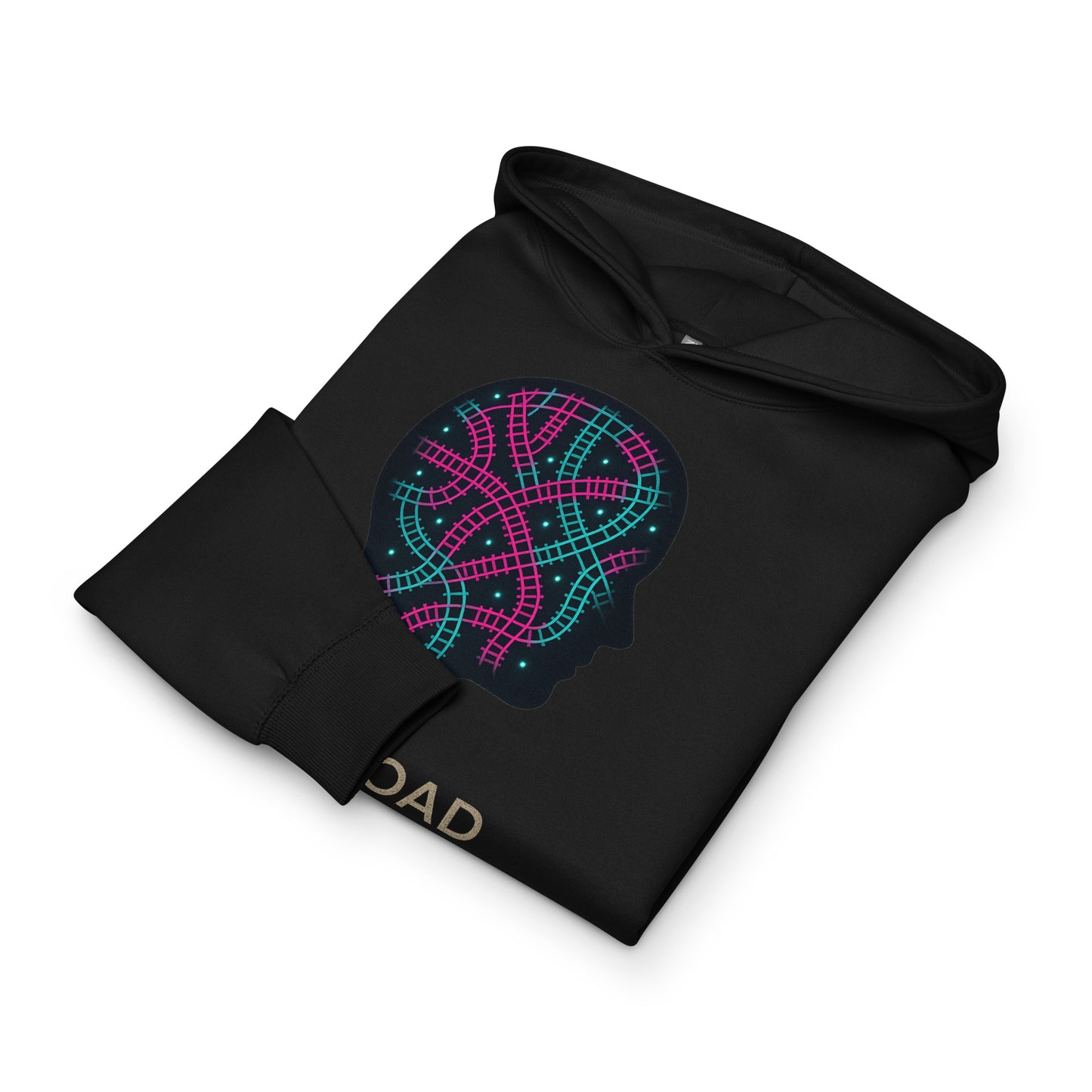 Black hoodie with colorful geometric design and 'DAD' text on a white background