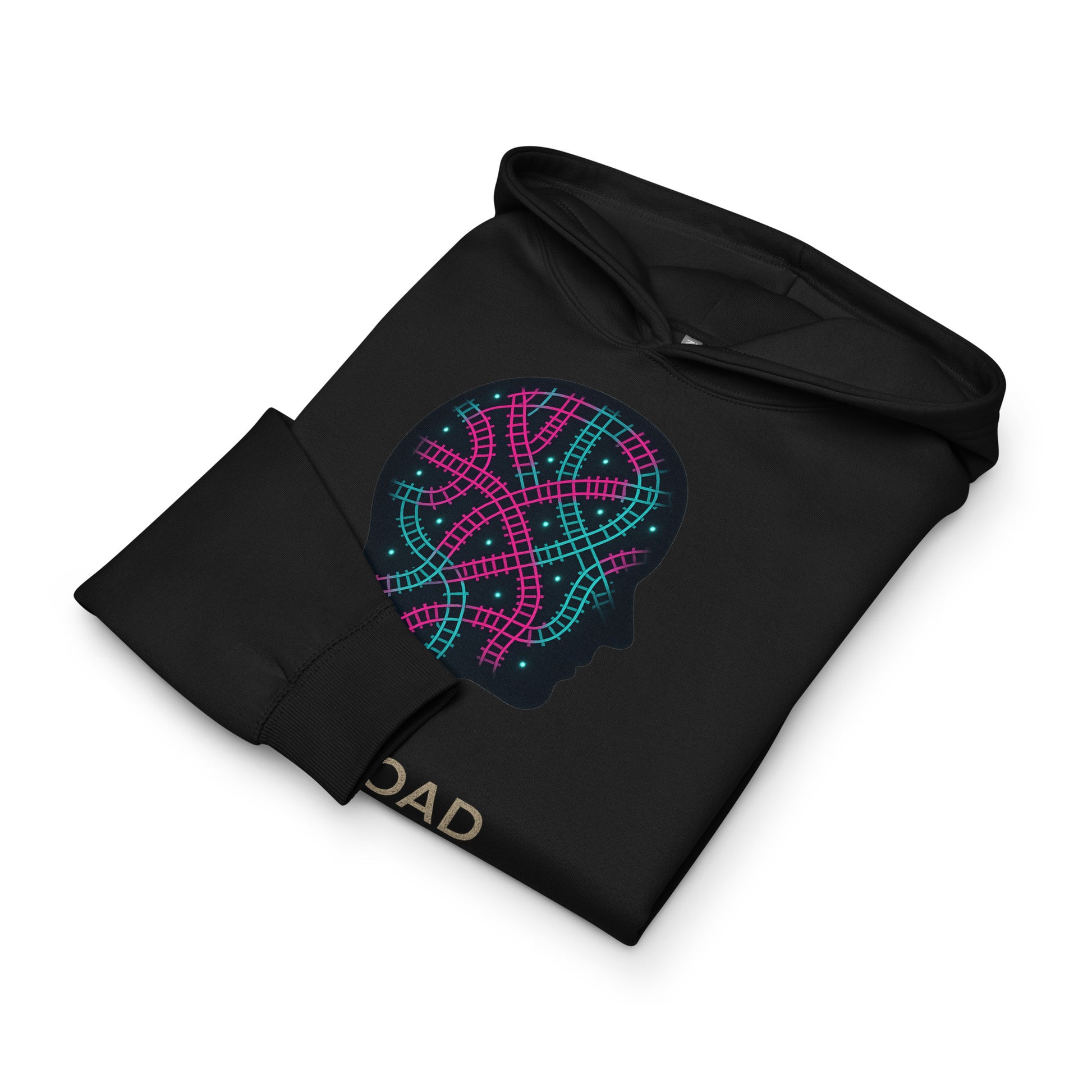 Black hoodie with colorful geometric design and 'DAD' text on a white background