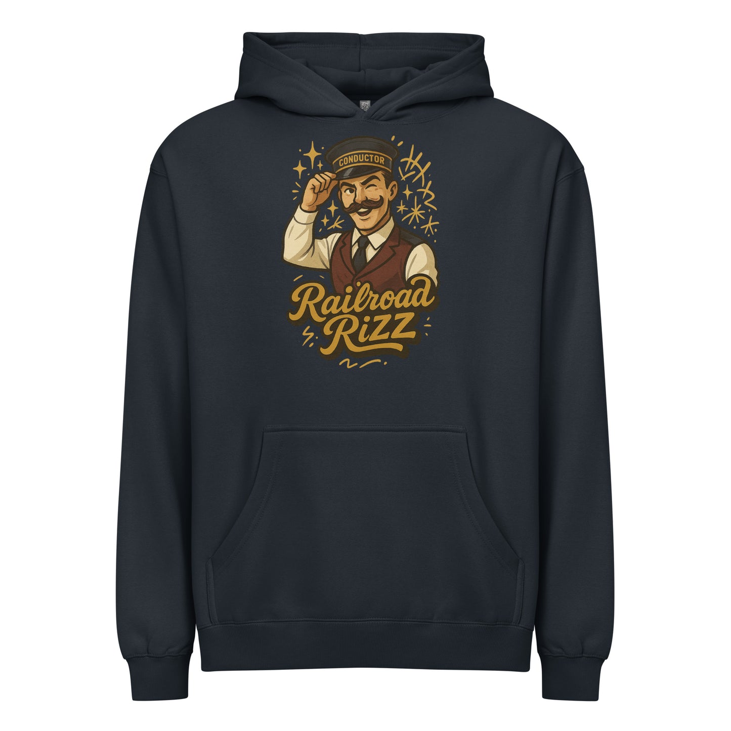 Navy blue hoodie with a graphic of a man saluting and the text 'Railroad Rizz' on a white background.