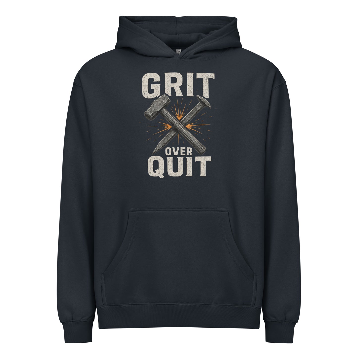 Navy hoodie with 'GRIT OVER QUIT' text and crossed hammers design on a white background