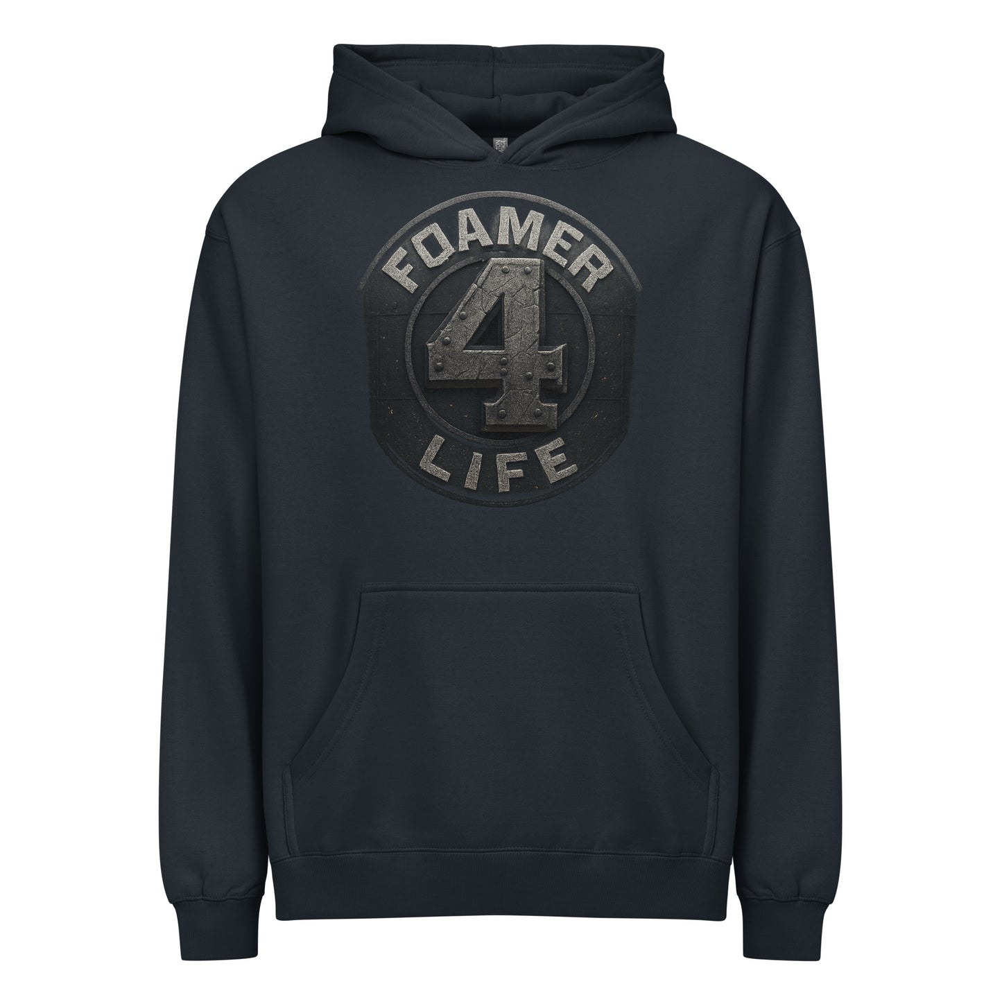 Navy hoodie with 'Foamer 4 Life' graphic on a white background