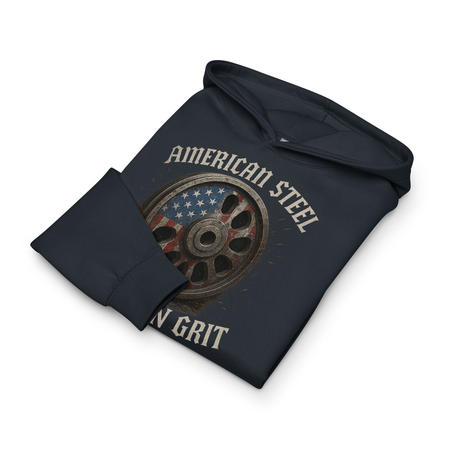 Navy hoodie with 'American Steel' and 'Man Grit' text and wheel graphic on a white background