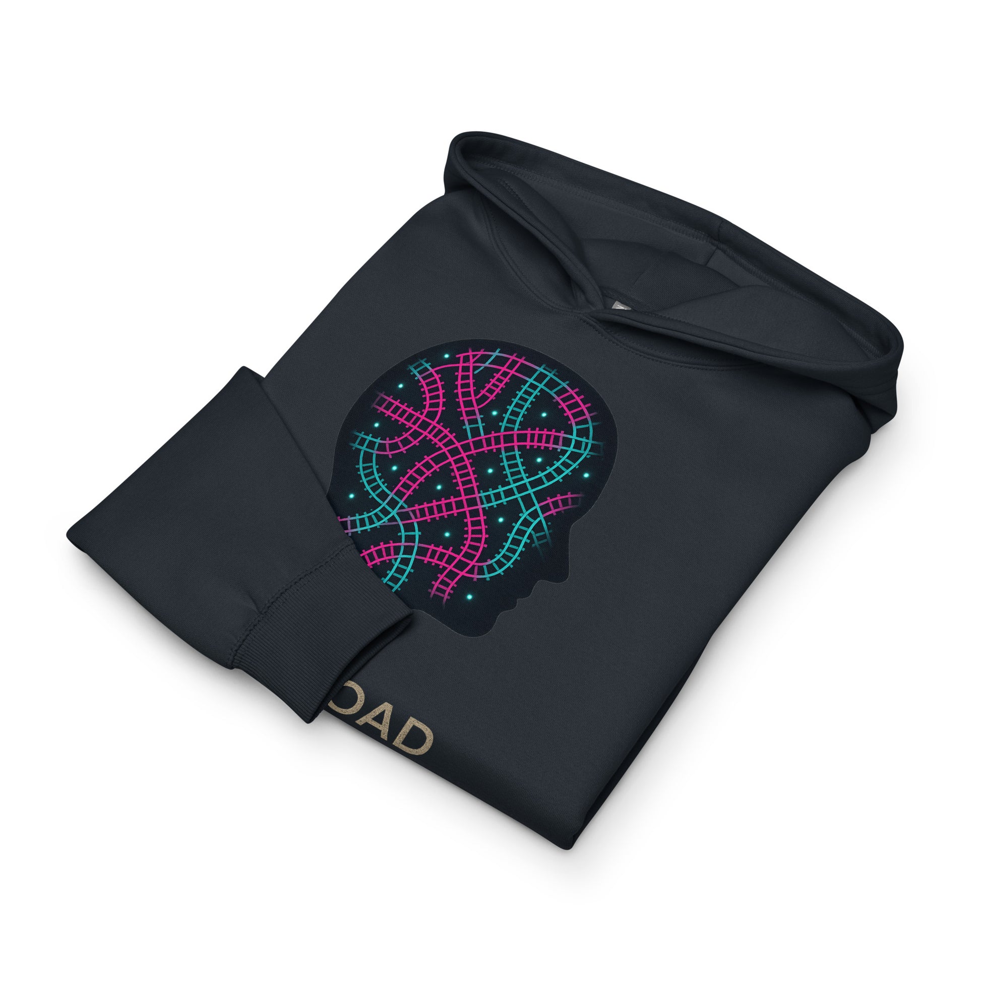 Black hoodie with a colorful graphic design on a white background