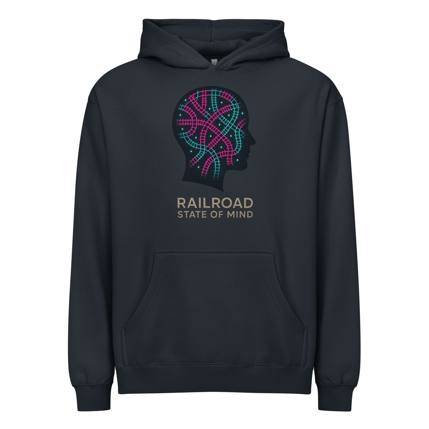 Black hoodie with colorful brain graphic and 'Railroad State of Mind' text on a white background