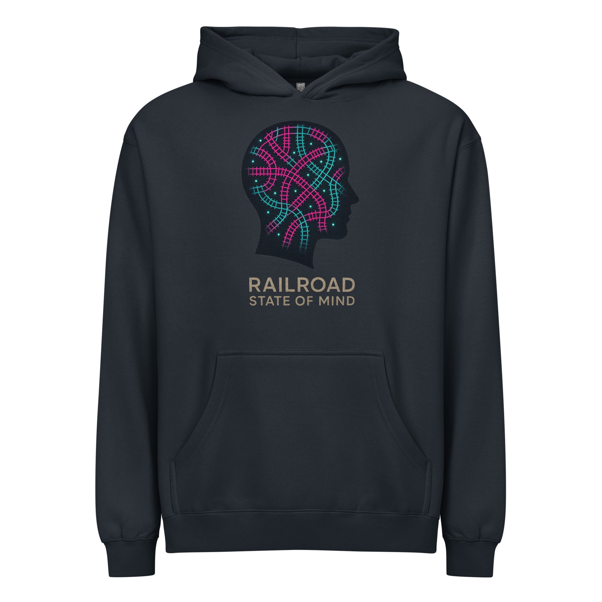 Black hoodie with colorful brain graphic and 'Railroad State of Mind' text on a white background