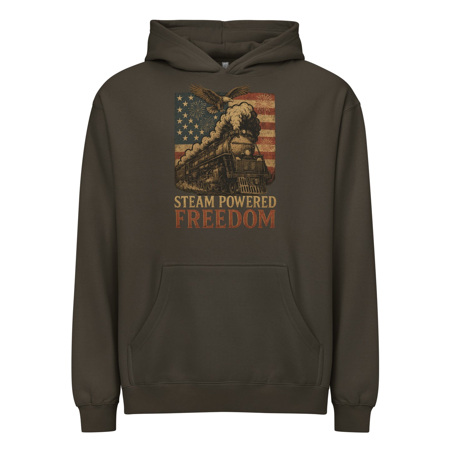 Men’s box hoodie with vintage steam locomotive, eagle, fireworks, and American flag design with the words “Steam Powered Freedom.”