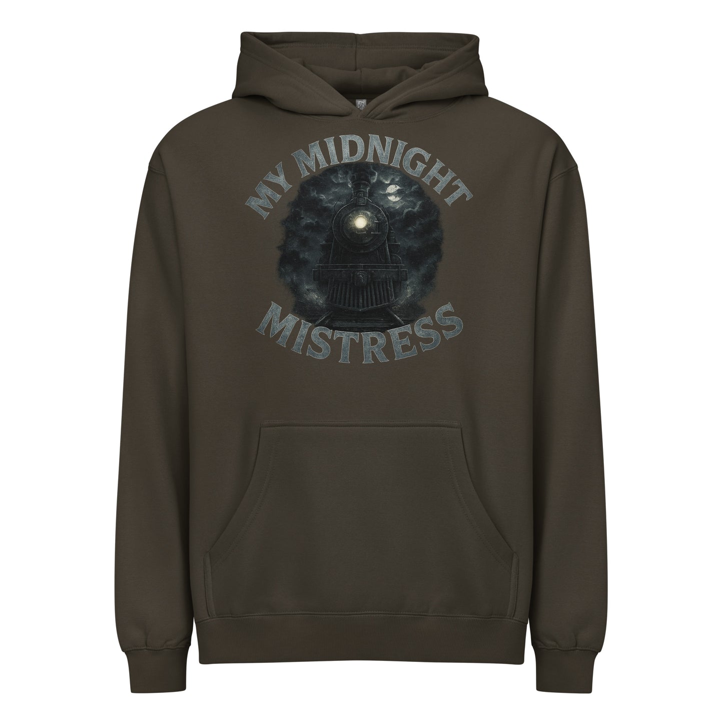 Vintage Black men’s box hoodie with “My Midnight Mistress” text and a steam locomotive graphic under a moonlit night sky.