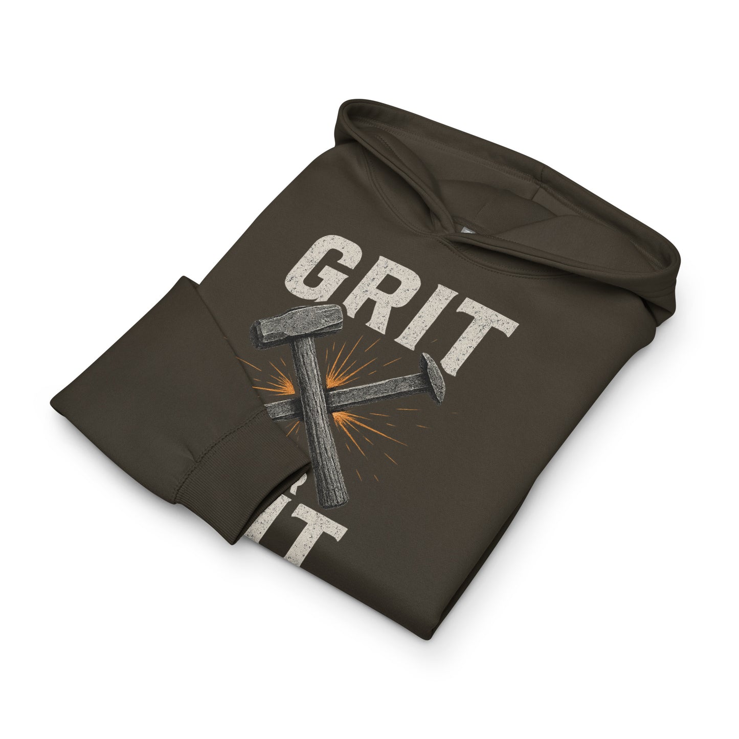 Folded hoodie with 'GRIT' and hammer graphic on a white background