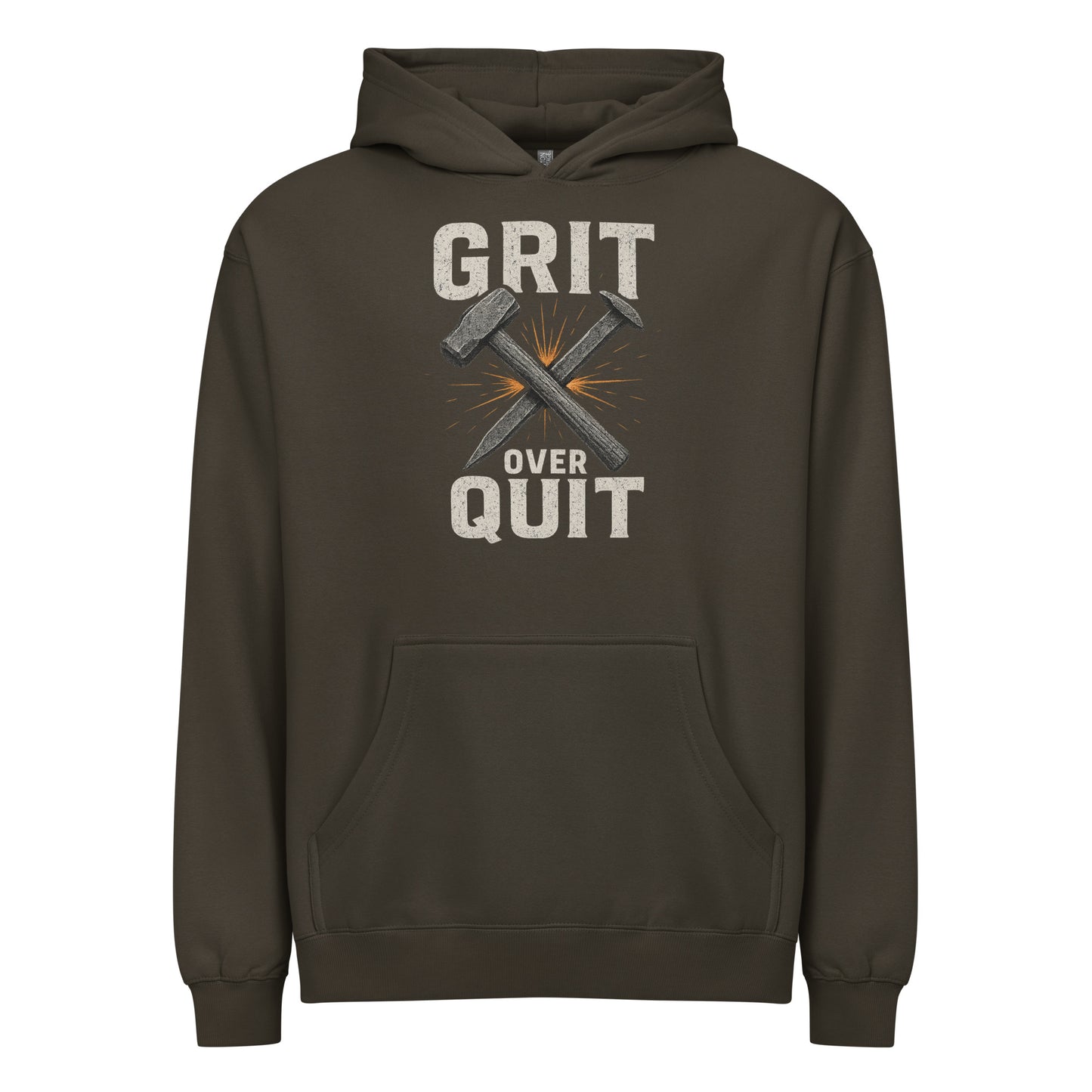 Dark gray hoodie with 'GRIT OVER QUIT' text and crossed hammers on a white background