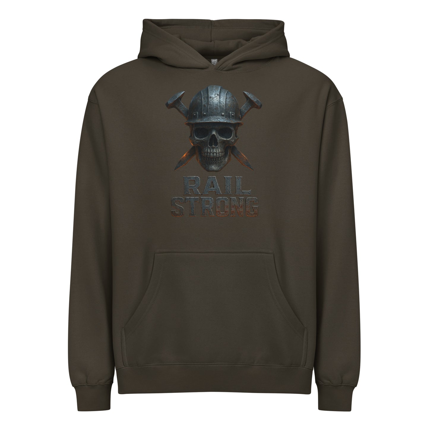 Brown hoodie with skull and crossed swords design on a white background