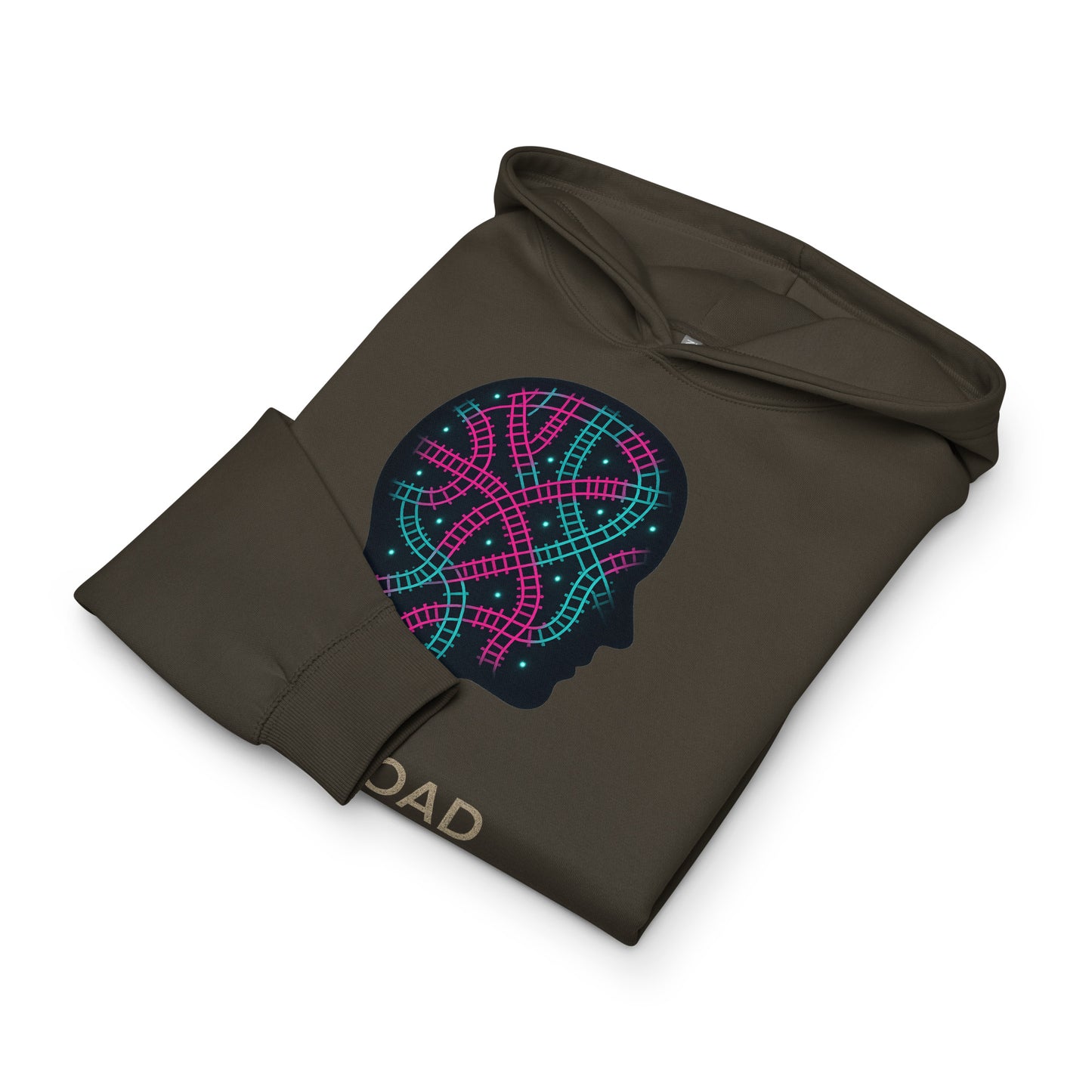 Brown hoodie with a colorful graphic design on a white background