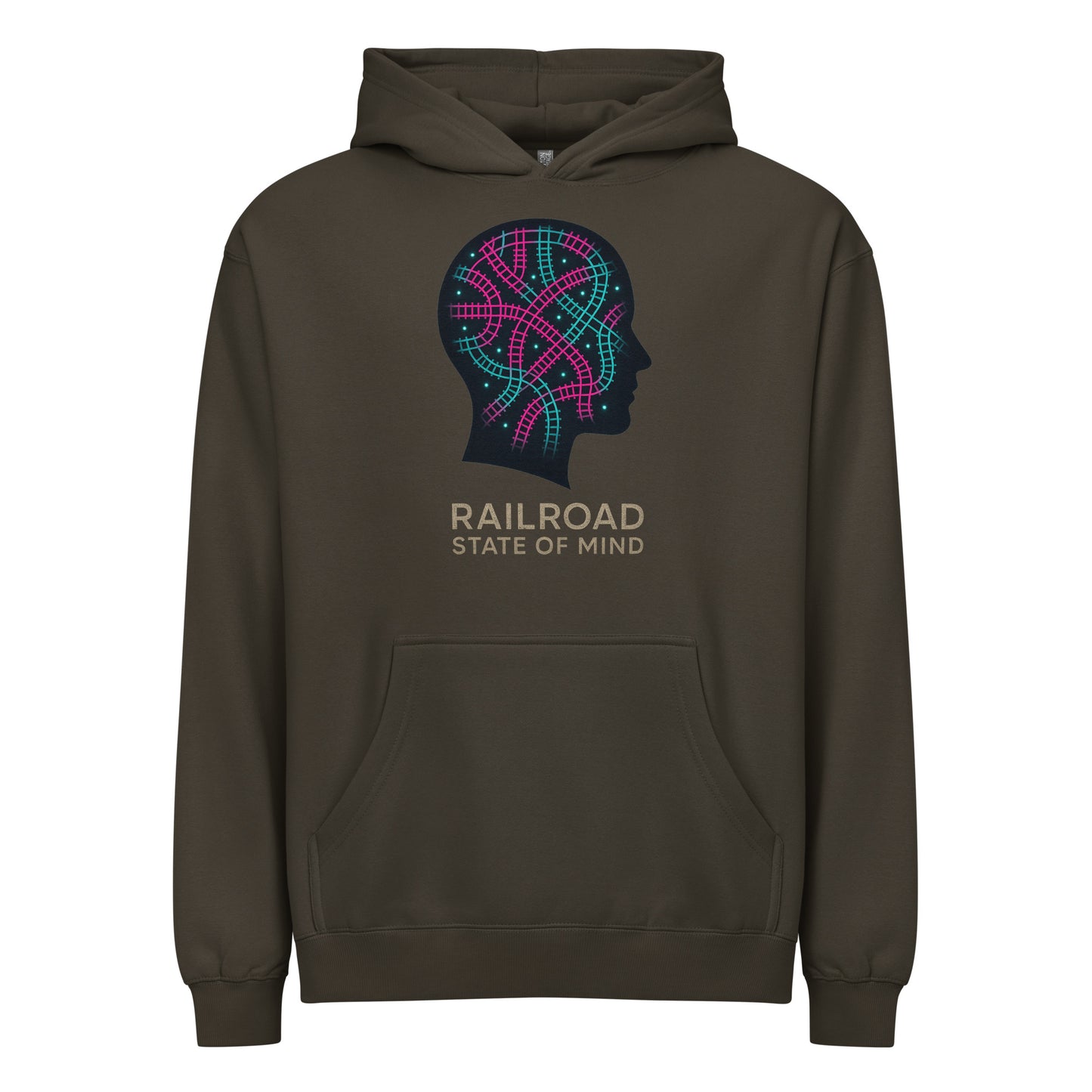 Brown hoodie with a graphic design and text on a white background