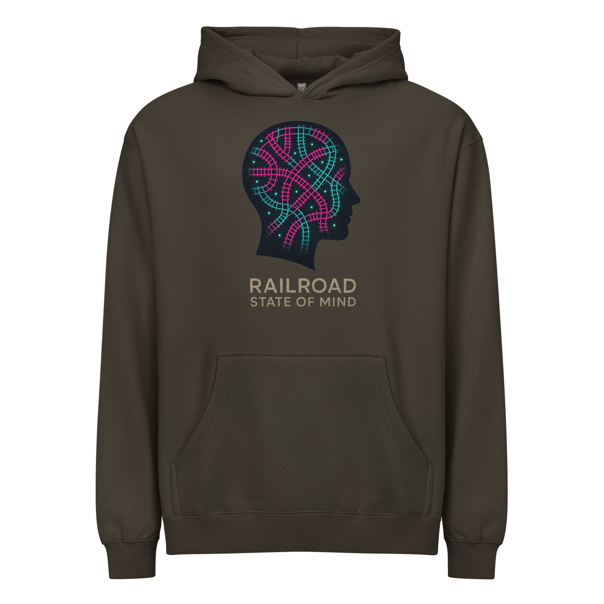 Brown hoodie with a graphic design and text on a white background