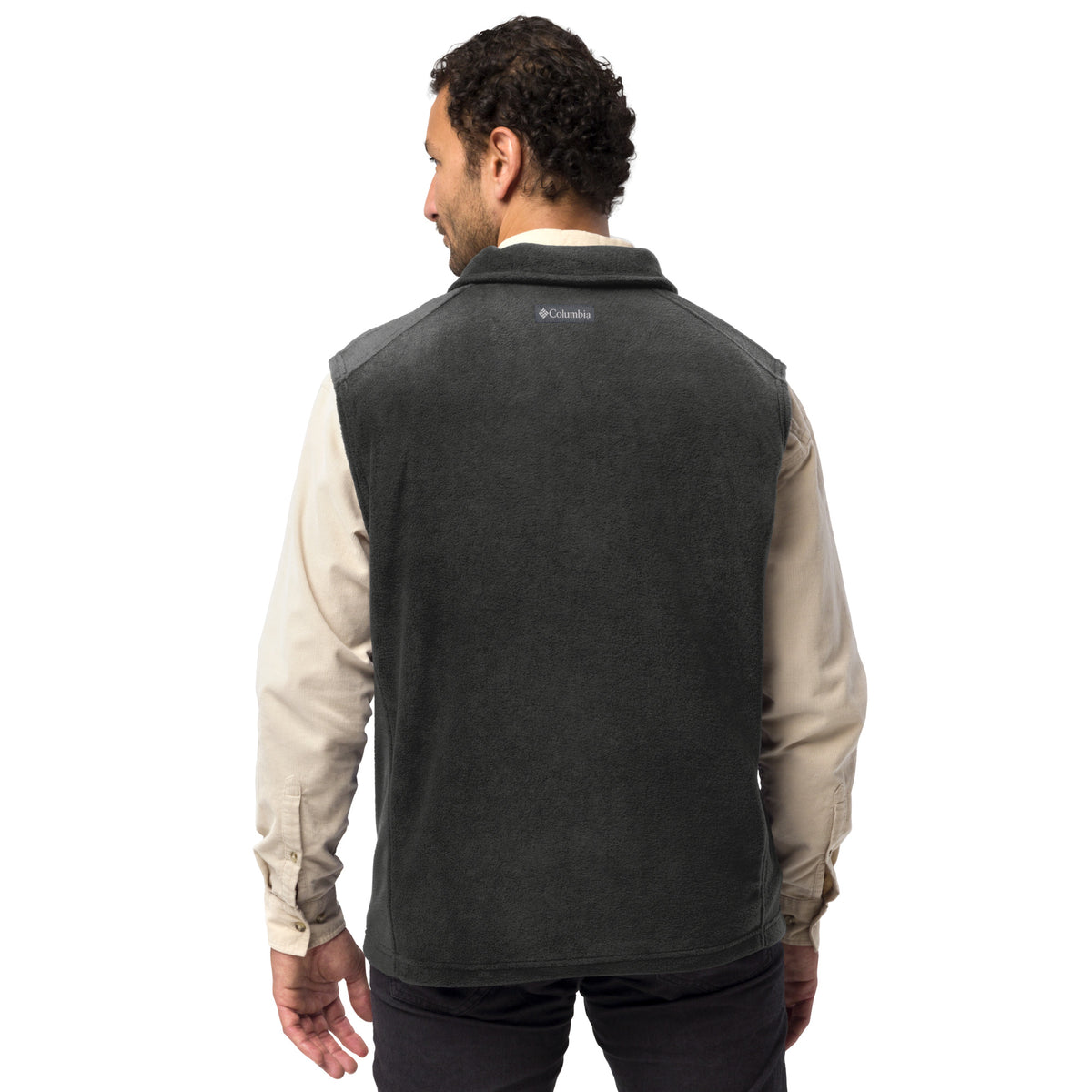 Man wearing a gray Men's Columbia fleece full-zip vest featuring the classic white chalk-style "Big Boy" script logo cleanly embroidered on the right chest.