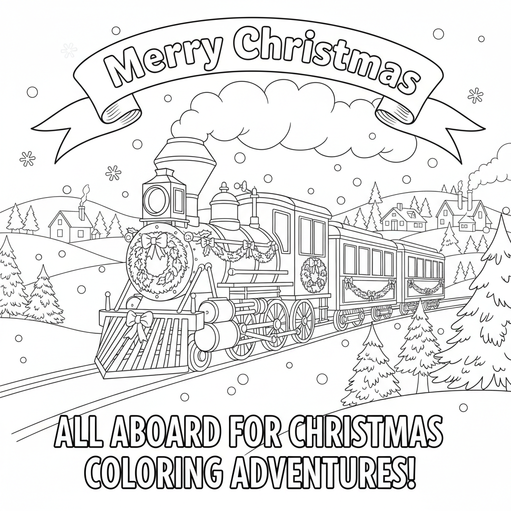 Black and white Christmas train coloring page with 'Merry Christmas' text.