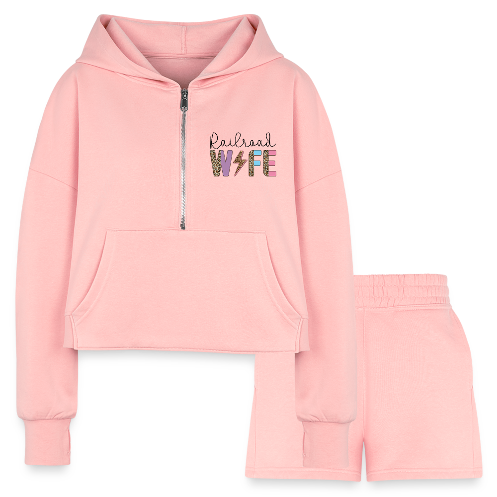 Railroad Wife Women’s Cropped Hoodie & Jogger Short Set - light pink