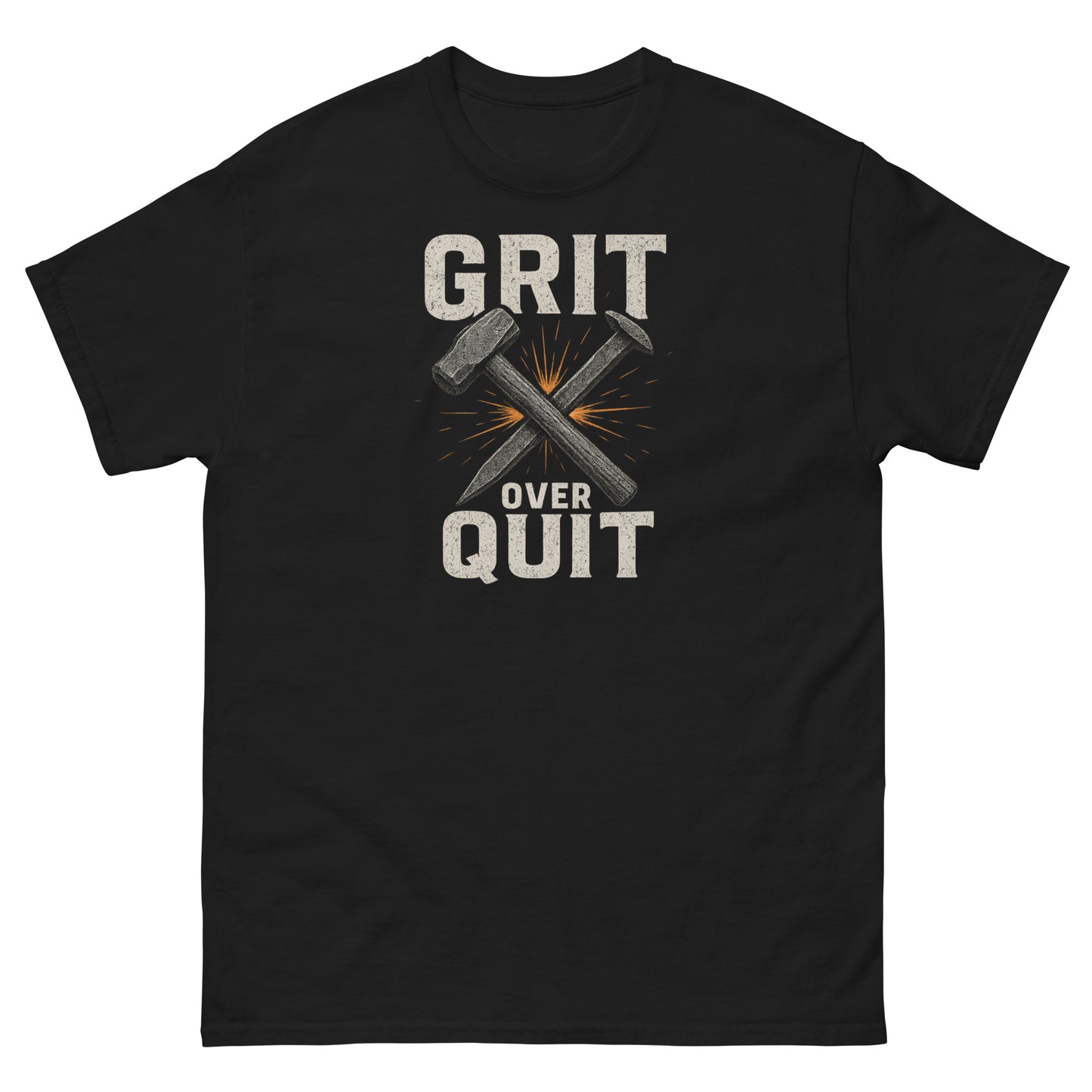 Black t-shirt with 'GRIT OVER QUIT' text and crossed hammers design on a white background