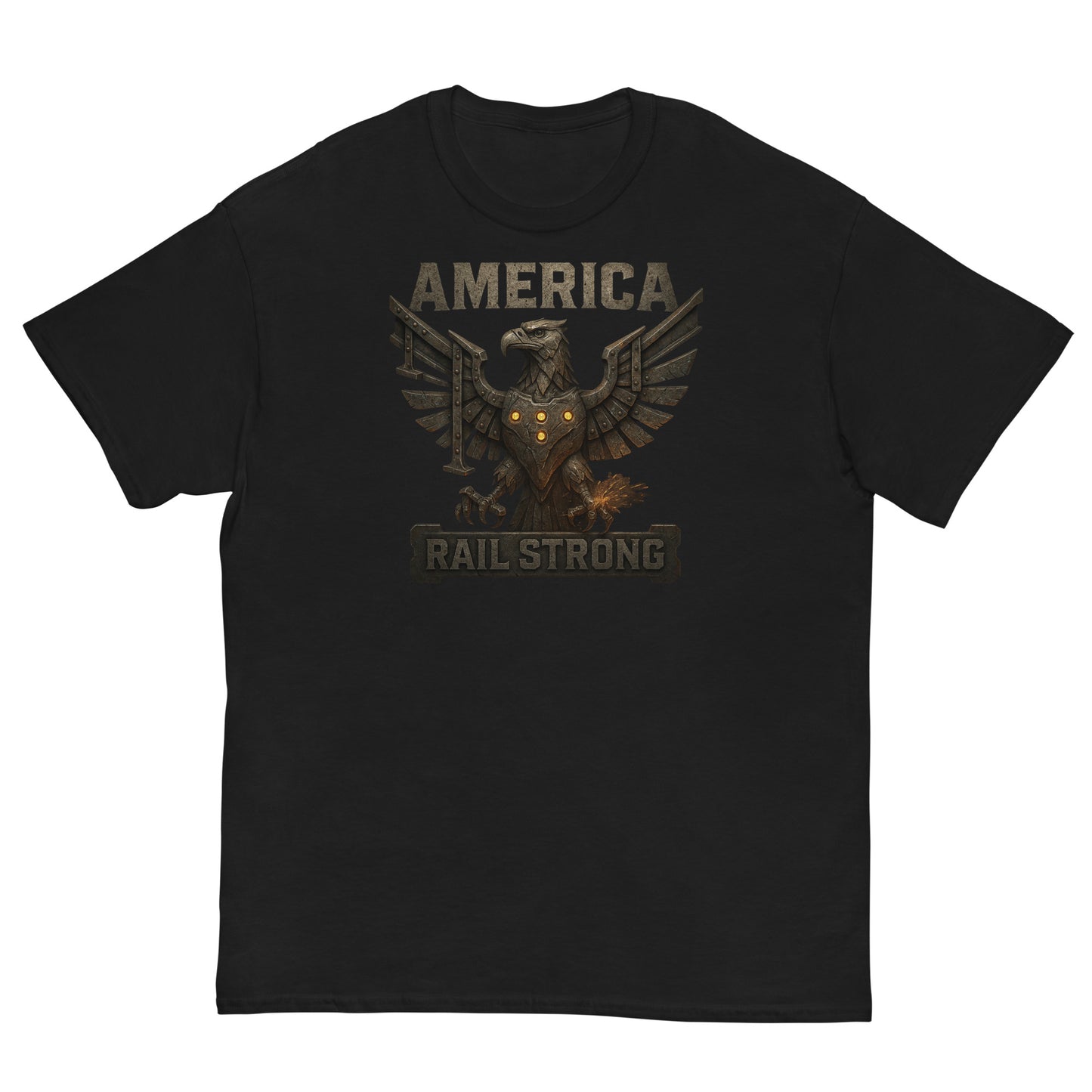 Black t-shirt with an eagle graphic and 'America Rail Strong' text on a white background