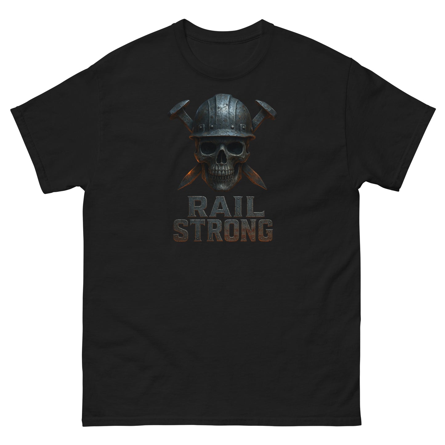 Black t-shirt with a skull wearing a helmet and 'Rail Strong' text on a white background