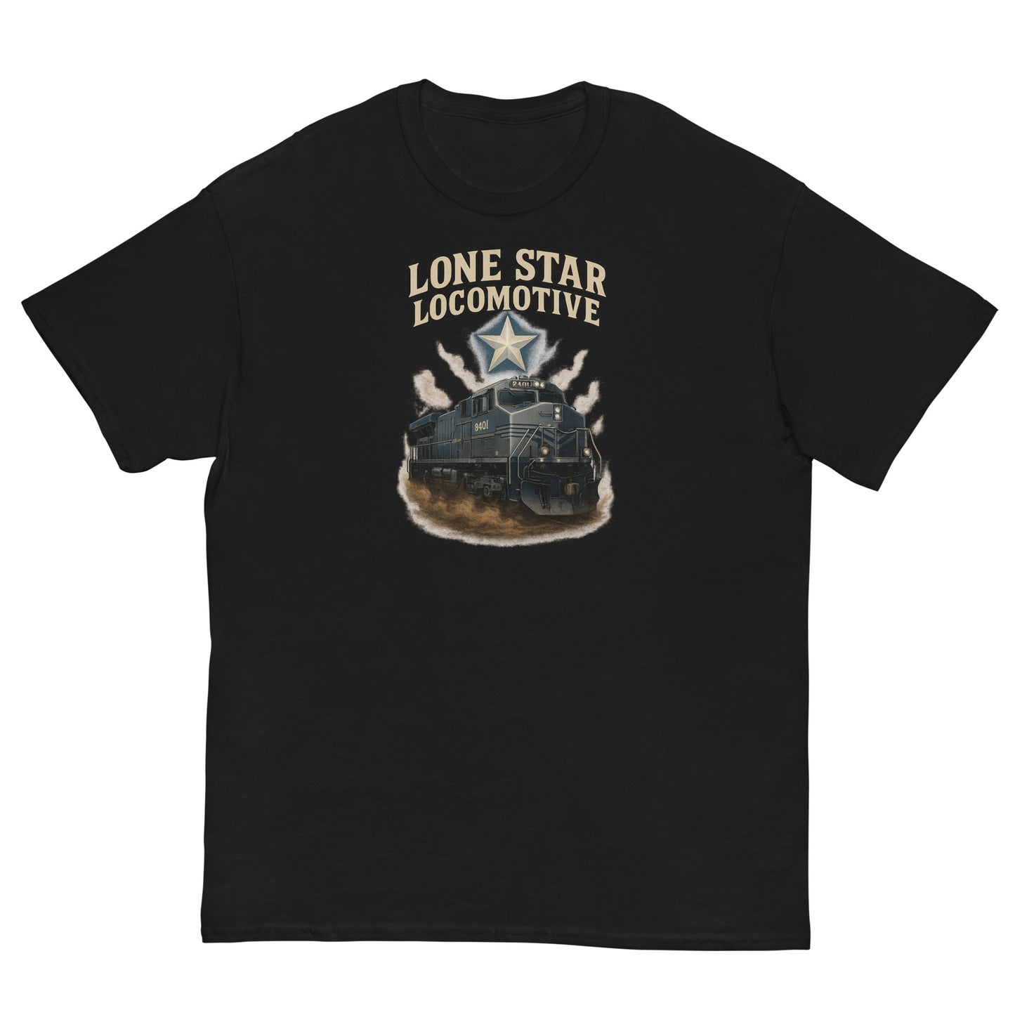 Black t-shirt with 'Lone Star Locomotive' graphic design on a white background